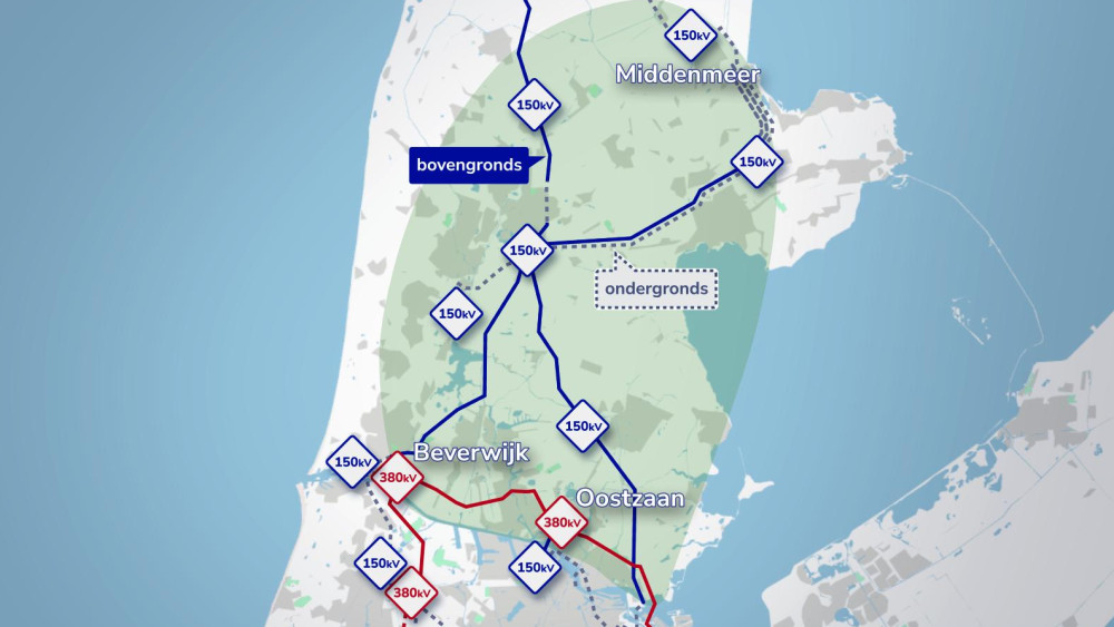 Een hoogspanningsverbinding van 380 kilovolt (kV) ontbreekt nog in Noord-Holland Noord